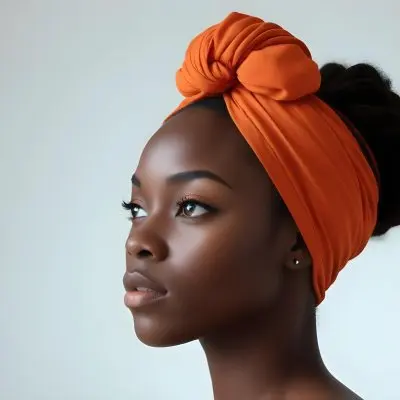 Black Woman 25 Years Old With Dark Skin And A Headwrap In Orange She Has A Smooth Complexion And Is Facing To The Side Against A Light Background 23 468a