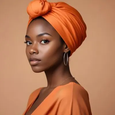 Black Woman 25 Years Old With Dark Skin And A Headwrap In Orange She Has A Smooth Complexion And Is Facing To The Side Against A Light Background 26 5adc