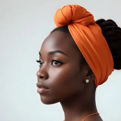 Black Woman 25 Years Old With Dark Skin And A Headwrap In Orange She Has A Smooth Complexion And Is Facing To The Side Against A Light Background 27 1c29