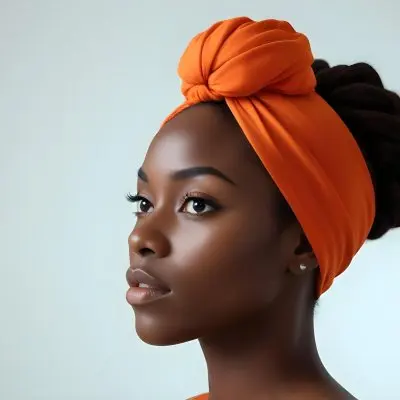 Black Woman 25 Years Old With Dark Skin And A Headwrap In Orange She Has A Smooth Complexion And Is Facing To The Side Against A Light Background 28 2e94