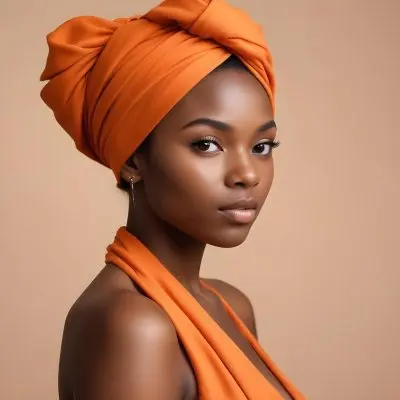 Black Woman 25 Years Old With Dark Skin And A Headwrap In Orange She Has A Smooth Complexion And Is Facing To The Side Against A Light Background 3 8d60