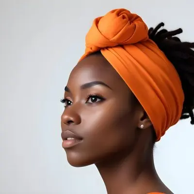 Black Woman 25 Years Old With Dark Skin And A Headwrap In Orange She Has A Smooth Complexion And Is Facing To The Side Against A Light Background 36 9757