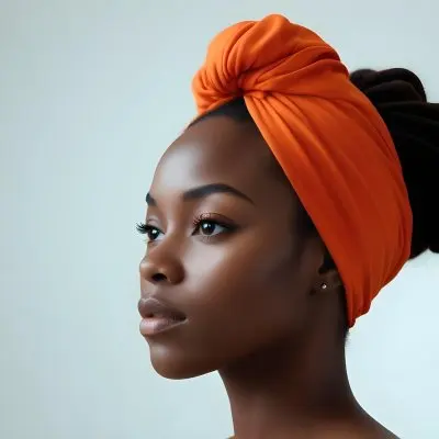 Black Woman 25 Years Old With Dark Skin And A Headwrap In Orange She Has A Smooth Complexion And Is Facing To The Side Against A Light Background 38 5fe3