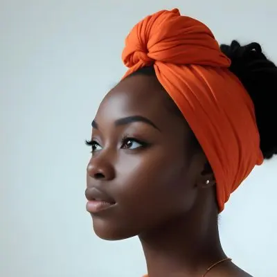 Black Woman 25 Years Old With Dark Skin And A Headwrap In Orange She Has A Smooth Complexion And Is Facing To The Side Against A Light Background 39 2e26