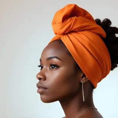 Black Woman 25 Years Old With Dark Skin And A Headwrap In Orange She Has A Smooth Complexion And Is Facing To The Side Against A Light Background 4 B6d9
