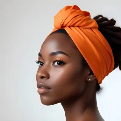 Black Woman 25 Years Old With Dark Skin And A Headwrap In Orange She Has A Smooth Complexion And Is Facing To The Side Against A Light Background 40 129a