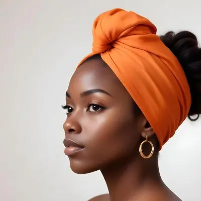 Black Woman 25 Years Old With Dark Skin And A Headwrap In Orange She Has A Smooth Complexion And Is Facing To The Side Against A Light Background 42 1f1d