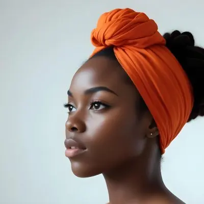 Black Woman 25 Years Old With Dark Skin And A Headwrap In Orange She Has A Smooth Complexion And Is Facing To The Side Against A Light Background 43 21d4