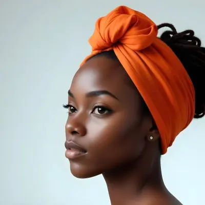 Black Woman 25 Years Old With Dark Skin And A Headwrap In Orange She Has A Smooth Complexion And Is Facing To The Side Against A Light Background 44 F114