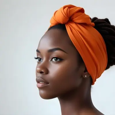 Black Woman 25 Years Old With Dark Skin And A Headwrap In Orange She Has A Smooth Complexion And Is Facing To The Side Against A Light Background 45 3fe8