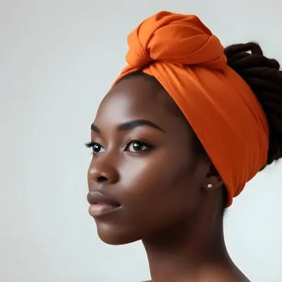 Black Woman 25 Years Old With Dark Skin And A Headwrap In Orange She Has A Smooth Complexion And Is Facing To The Side Against A Light Background 46 D54f