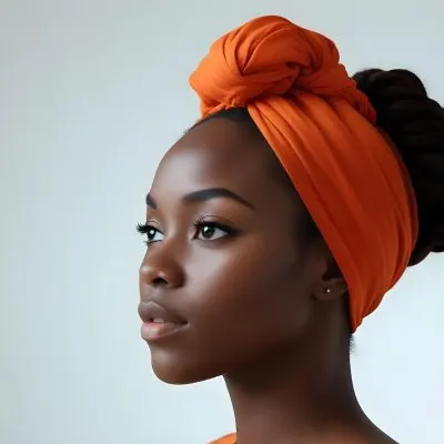 Black Woman 25 Years Old With Dark Skin And A Headwrap In Orange She Has A Smooth Complexion And Is Facing To The Side Against A Light Background 47 3410