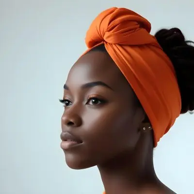 Black Woman 25 Years Old With Dark Skin And A Headwrap In Orange She Has A Smooth Complexion And Is Facing To The Side Against A Light Background 48 E56c
