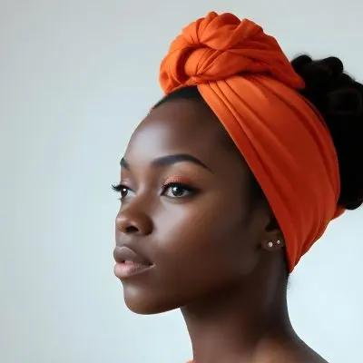 Black Woman 25 Years Old With Dark Skin And A Headwrap In Orange She Has A Smooth Complexion And Is Facing To The Side Against A Light Background 49 3a19