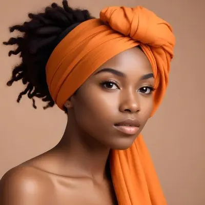 Black Woman 25 Years Old With Dark Skin And A Headwrap In Orange She Has A Smooth Complexion And Is Facing To The Side Against A Light Background 5 Ace3
