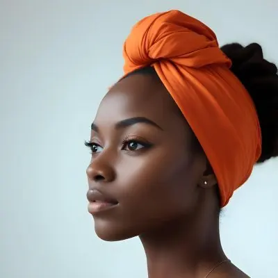 Black Woman 25 Years Old With Dark Skin And A Headwrap In Orange She Has A Smooth Complexion And Is Facing To The Side Against A Light Background 50 838f