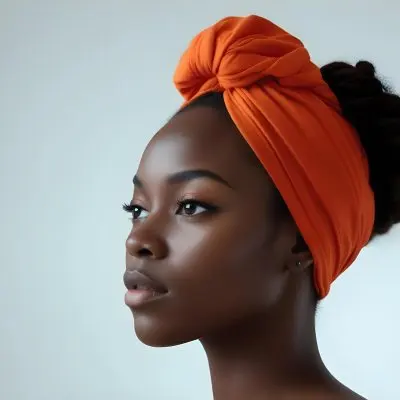 Black Woman 25 Years Old With Dark Skin And A Headwrap In Orange She Has A Smooth Complexion And Is Facing To The Side Against A Light Background 52 6c5d