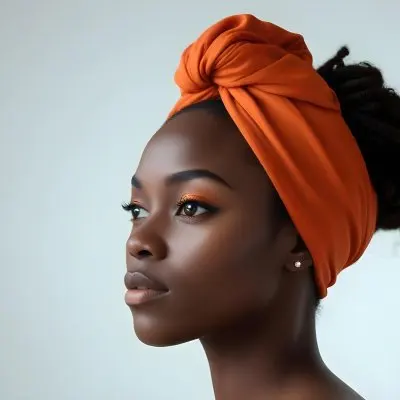 Black Woman 25 Years Old With Dark Skin And A Headwrap In Orange She Has A Smooth Complexion And Is Facing To The Side Against A Light Background 56 09d2