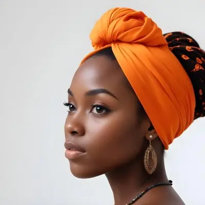Black Woman 25 Years Old With Dark Skin And A Headwrap In Orange She Has A Smooth Complexion And Is Facing To The Side Against A Light Background 57 Bbfa