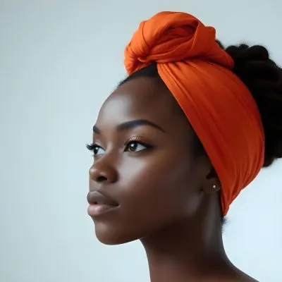 Black Woman 25 Years Old With Dark Skin And A Headwrap In Orange She Has A Smooth Complexion And Is Facing To The Side Against A Light Background 58 16ef