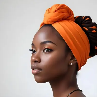 Black Woman 25 Years Old With Dark Skin And A Headwrap In Orange She Has A Smooth Complexion And Is Facing To The Side Against A Light Background 61 72df