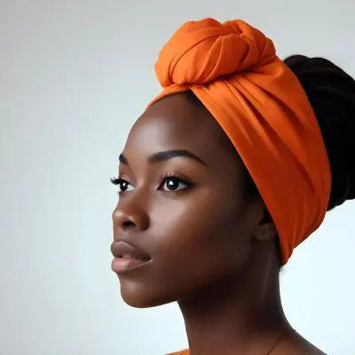 Black Woman 25 Years Old With Dark Skin And A Headwrap In Orange She Has A Smooth Complexion And Is Facing To The Side Against A Light Background 64 631c