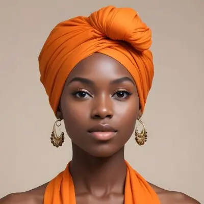 Black Woman 25 Years Old With Dark Skin And A Headwrap In Orange She Has A Smooth Complexion And Is Facing To The Side Against A Light Background 65 9d4f