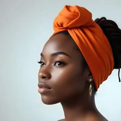 Black Woman 25 Years Old With Dark Skin And A Headwrap In Orange She Has A Smooth Complexion And Is Facing To The Side Against A Light Background 66 54b6