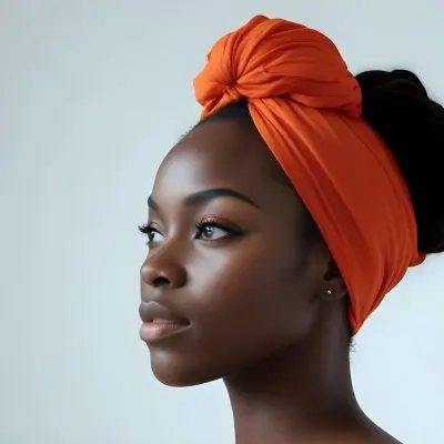 Black Woman 25 Years Old With Dark Skin And A Headwrap In Orange She Has A Smooth Complexion And Is Facing To The Side Against A Light Background 7 2e53
