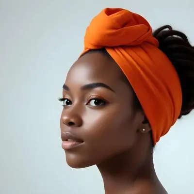 Black Woman 25 Years Old With Dark Skin And A Headwrap In Orange She Has A Smooth Complexion And Is Facing To The Side Against A Light Background 70 6dd3