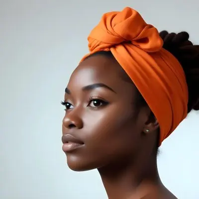 Black Woman 25 Years Old With Dark Skin And A Headwrap In Orange She Has A Smooth Complexion And Is Facing To The Side Against A Light Background 73 5285