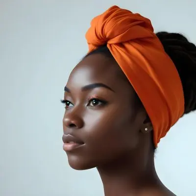 Black Woman 25 Years Old With Dark Skin And A Headwrap In Orange She Has A Smooth Complexion And Is Facing To The Side Against A Light Background 75 A7ee