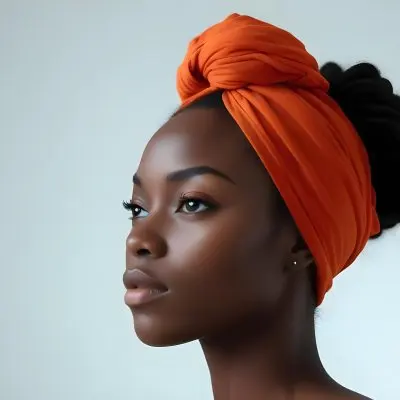 Black Woman 25 Years Old With Dark Skin And A Headwrap In Orange She Has A Smooth Complexion And Is Facing To The Side Against A Light Background 78 475c