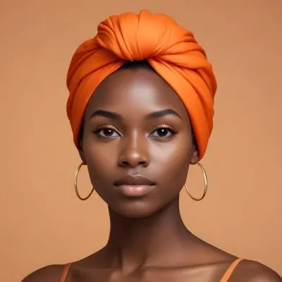 Black Woman 25 Years Old With Dark Skin And A Headwrap In Orange She Has A Smooth Complexion And Is Facing To The Side Against A Light Background 8 795b