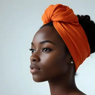 Black Woman 25 Years Old With Dark Skin And A Headwrap In Orange She Has A Smooth Complexion And Is Facing To The Side Against A Light Background 82 62fc
