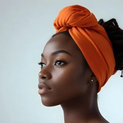 Black Woman 25 Years Old With Dark Skin And A Headwrap In Orange She Has A Smooth Complexion And Is Facing To The Side Against A Light Background 86 A1e2
