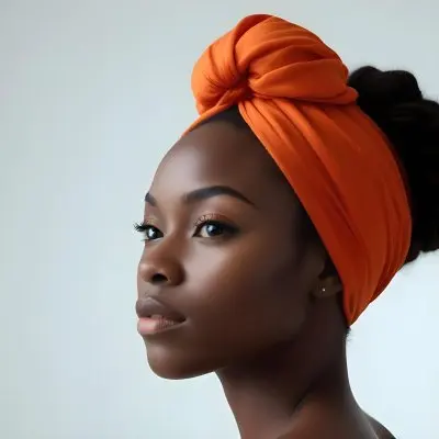 Black Woman 25 Years Old With Dark Skin And A Headwrap In Orange She Has A Smooth Complexion And Is Facing To The Side Against A Light Background 91 3f74