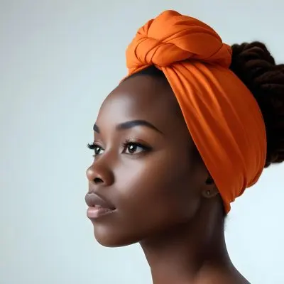 Black Woman 25 Years Old With Dark Skin And A Headwrap In Orange She Has A Smooth Complexion And Is Facing To The Side Against A Light Background 94 57d8