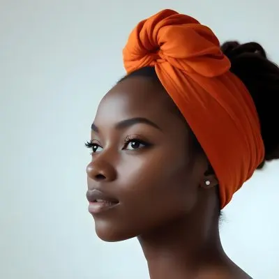 Black Woman 25 Years Old With Dark Skin And A Headwrap In Orange She Has A Smooth Complexion And Is Facing To The Side Against A Light Background 98 8553