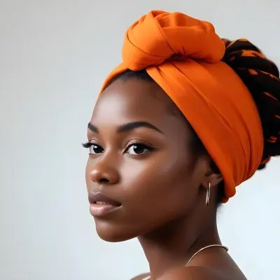 Black Woman 25 Years Old With Dark Skin And A Headwrap In Orange She Has A Smooth Complexion And Is Facing To The Side Against A Light Background 99 360b