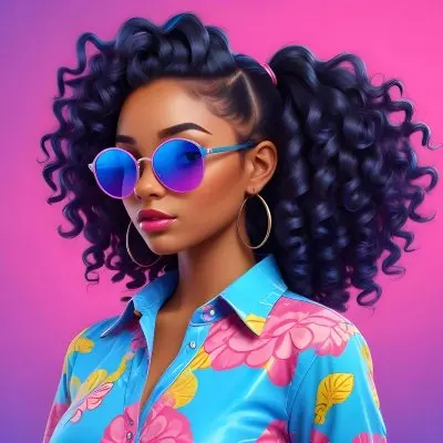 Black Woman With Dark Skin Approximately 25 Years Old Wearing Large Blue Sunglasses And Hoop Earrings She Has A Voluminous Curly Hairstyle And Is Dressed In A Colorful Patterned Shirt With Vibrant Colors The Back 12 B255