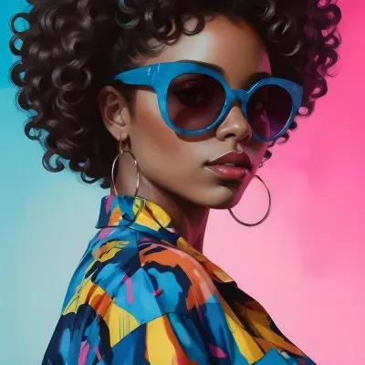 Black Woman With Dark Skin Approximately 25 Years Old Wearing Large Blue Sunglasses And Hoop Earrings She Has A Voluminous Curly Hairstyle And Is Dressed In A Colorful Patterned Shirt With Vibrant Colors The Back 26 2852