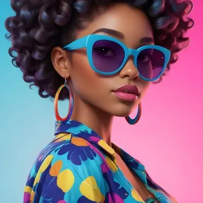 Black Woman With Dark Skin Approximately 25 Years Old Wearing Large Blue Sunglasses And Hoop Earrings She Has A Voluminous Curly Hairstyle And Is Dressed In A Colorful Patterned Shirt With Vibrant Colors The Back 3 Ca9b