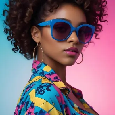 Black Woman With Dark Skin Approximately 25 Years Old Wearing Large Blue Sunglasses And Hoop Earrings She Has A Voluminous Curly Hairstyle And Is Dressed In A Colorful Patterned Shirt With Vibrant Colors The Back 47 9f89