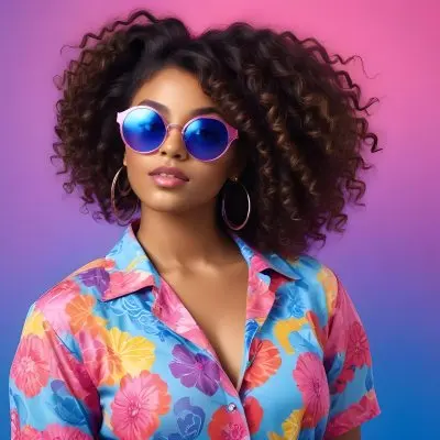 Black Woman With Dark Skin Approximately 25 Years Old Wearing Large Blue Sunglasses And Hoop Earrings She Has A Voluminous Curly Hairstyle And Is Dressed In A Colorful Patterned Shirt With Vibrant Colors The Back 85 A198