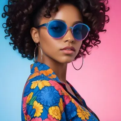 Black Woman With Dark Skin Approximately 25 Years Old Wearing Large Blue Sunglasses And Hoop Earrings She Has A Voluminous Curly Hairstyle And Is Dressed In A Colorful Patterned Shirt With Vibrant Colors The Back 87 D616