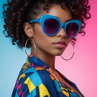 Black Woman With Dark Skin Approximately 25 Years Old Wearing Large Blue Sunglasses And Hoop Earrings She Has A Voluminous Curly Hairstyle And Is Dressed In A Colorful Patterned Shirt With Vibrant Colors The Back 92 5b22