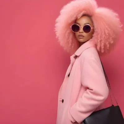Black Woman With Light Brown Skin Approximately 25 Years Old Wearing A Pink Coat And Large Round Sunglasses She Has Voluminous Pink Hair Styled In An Afro The Background Is A Solid Pink Wall 1 4f81