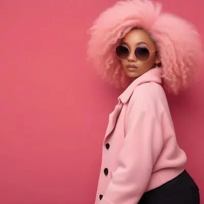 Black Woman With Light Brown Skin Approximately 25 Years Old Wearing A Pink Coat And Large Round Sunglasses She Has Voluminous Pink Hair Styled In An Afro The Background Is A Solid Pink Wall 10 Dfb1