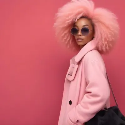 Black Woman With Light Brown Skin Approximately 25 Years Old Wearing A Pink Coat And Large Round Sunglasses She Has Voluminous Pink Hair Styled In An Afro The Background Is A Solid Pink Wall 13 6fb7